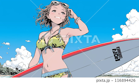 沖縄の海岸でビキニ姿でサーフボードを持った若い女性