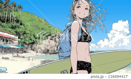 沖縄の海岸でビキニ姿でサーフボードを持った若い女性