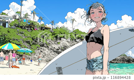 沖縄の海岸でビキニ姿でサーフボードを持った若い女性