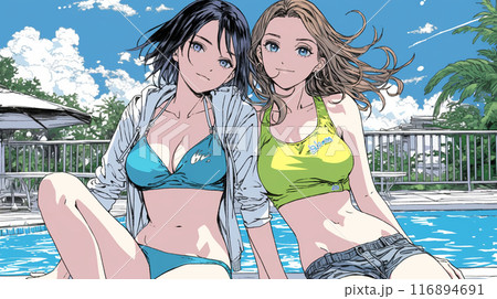 南国のリゾートホテルのプールに女友達といるビキニ姿の若い女性たち