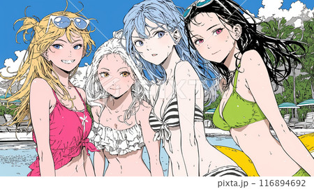 南国のリゾートホテルのプールに女友達といるビキニ姿の若い女性たち