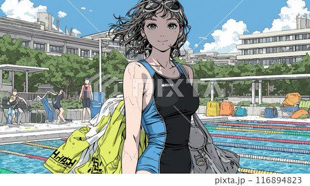 プールサイドに立つスクール水着姿の若い女性