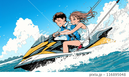 ジェットスキーに乗っている若い女性と男性