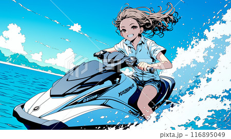 ジェットスキーに乗っている若い女性