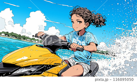 ジェットスキーに乗っている若い女性