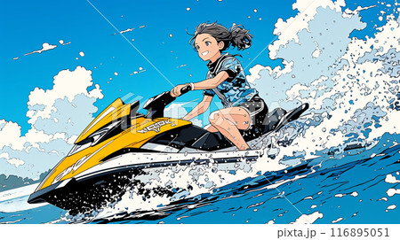 ジェットスキーに乗っている若い女性