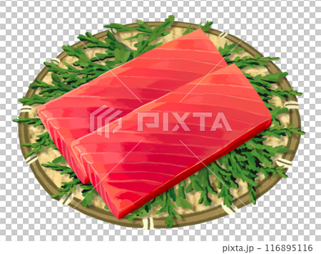 Tuna sashimi (saku) in a colander with cypress leaves Tuna sashimi (saku) in a colander with cypress leaves 116895116