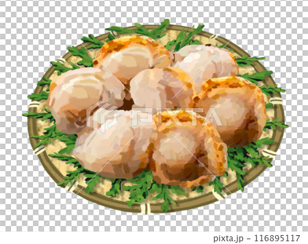 Boiled scallops in a colander with cypress leaves 116895117