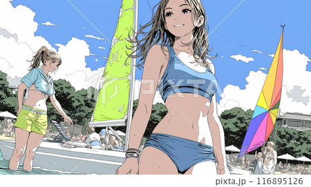 ヨットに乗ろうとしているビキニ姿の若い女性
