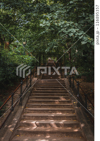 Steps leading to the fishing bastion from the city Budapest Hungary Steps leading to the fishing bastion from the city Budapest Hungary 116895357