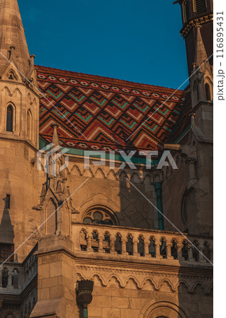 Roman Catholic Matthias Church and Fisherman's Bastion in the morning. Budapest Roman Catholic Matthias Church and Fisherman's Bastion in the morning. Budapest 116895431
