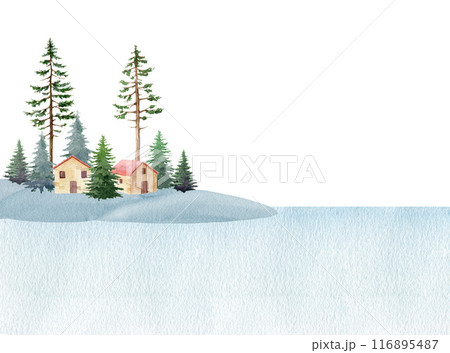 Winter time countryside landscape with small houses, pine trees, snow and ice. Vintage style painted illustration. Hand drawn winter season landscape, covered with snow Winter time countryside landscape with small houses, pine trees, snow and ice. Vintage style painted illustration. Hand drawn winter season landscape, covered with snow 116895487