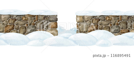 Winter time stone wall with blocked entrance covered with snow. Watercolor illustration. Hand drawn old stone wall covered with snowdrifts after snowfall countryside landscape on white background Winter time stone wall with blocked entrance covered with snow. Watercolor illustration. Hand drawn old stone wall covered with snowdrifts after snowfall countryside landscape on white background 116895491