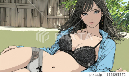 ブラジャーの若い女の子 自宅で下着姿でくつろいでいる若い女性のイラスト素材 [116895572] - PIXTA