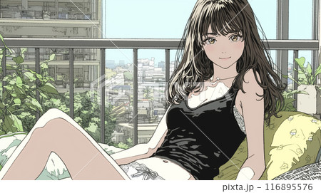 自宅で下着姿でくつろいでいる若い女性