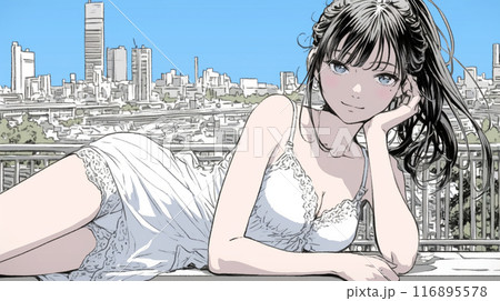 自宅で下着姿でくつろいでいる若い女性