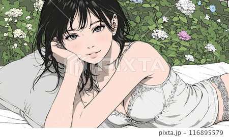 自宅で下着姿でくつろいでいる若い女性