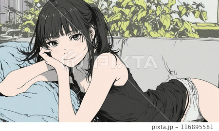 自宅で下着姿でくつろいでいる若い女性
