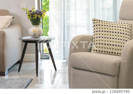 Sliding door in living room with exit to terrace. Modern furniture in Scandinavian style. Interior and design.  116895740