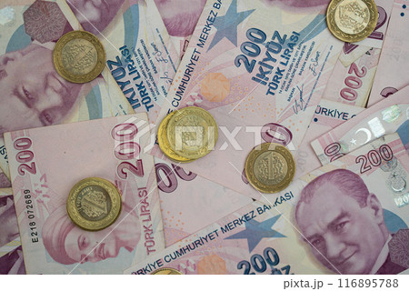 Turkish lira banknotes and coins illustrating economic themes. Financial and inflation concept reflecting the Turkish economy.  116895788