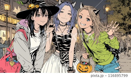 仲間とハロウィンイベントに参加する若い女性たち