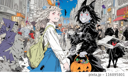仲間とハロウィンイベントに参加する若い女性たち