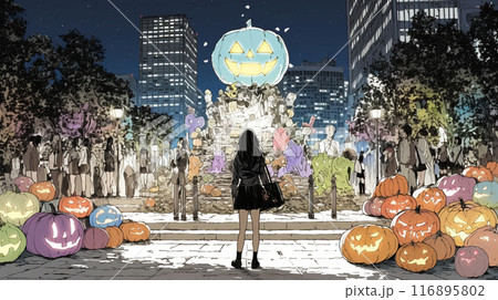 仲間とハロウィンイベントに参加する若い女性