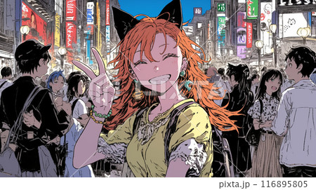 仲間とハロウィンイベントに参加する若い女性