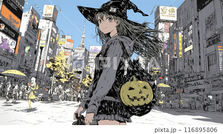仲間とハロウィンイベントに参加する若い女性