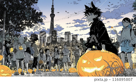 仲間とハロウィンイベントに参加する若い女性