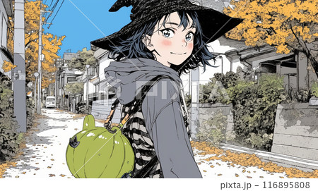 仲間とハロウィンイベントに参加する若い女性
