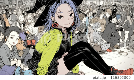 仲間とハロウィンイベントに参加する若い女性