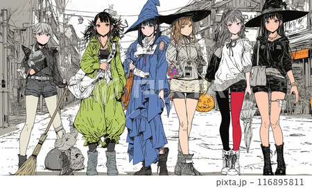 仲間とハロウィンイベントに参加する若い女性たち