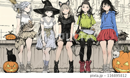 仲間とハロウィンイベントに参加する若い女性たち