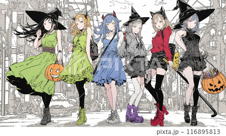 仲間とハロウィンイベントに参加する若い女性たち