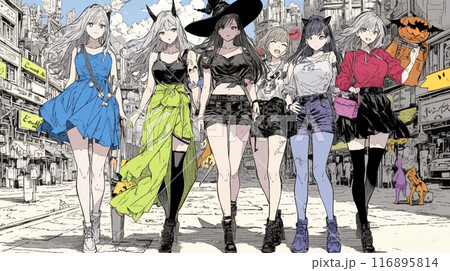 仲間とハロウィンイベントに参加する若い女性たち