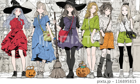 仲間とハロウィンイベントに参加する若い女性たち