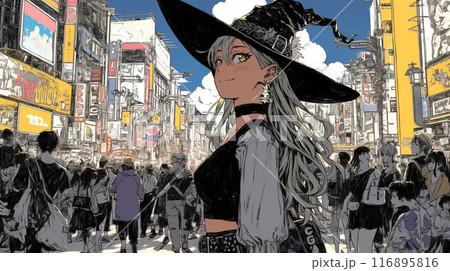 仲間とハロウィンイベントに参加する若い女性
