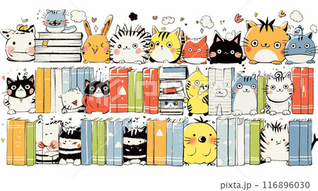 みんな本が大好き：読書週間や読書を促すためのかわいい挿絵・背景画