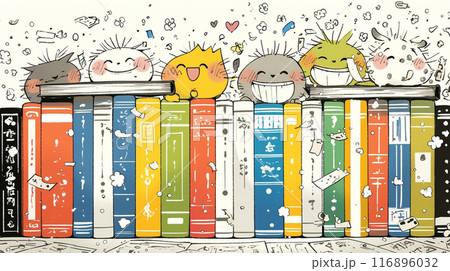 みんな本が大好き：読書週間や読書を促すためのかわいい挿絵・背景画