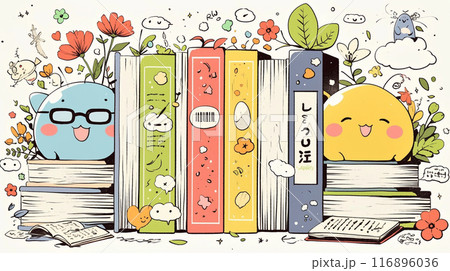 みんな本が大好き：読書週間や読書を促すためのかわいい挿絵・背景画
