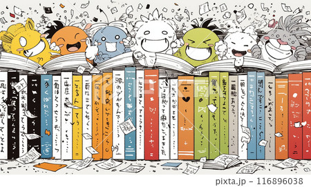 みんな本が大好き：読書週間や読書を促すためのかわいい挿絵・背景画