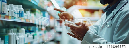 Pharmacist searching for medication on shelf in a pharmacy. Pharmaceutical care, healthcare, and medication management. 116896573