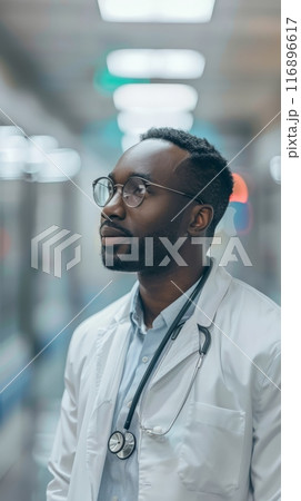 Thoughtful African American doctor wearing glasses and a stethoscope, standing in a hospital hallway. Professional healthcare worker 116896617