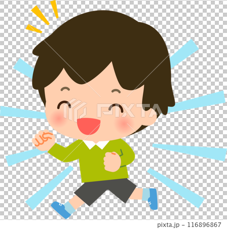 一個男孩微笑著奔跑的變形插圖 116896867