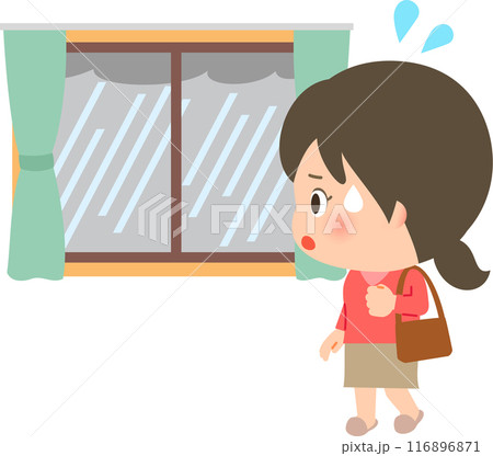 外が大雨で困っている外出前の女性 外が大雨で困っている外出前の女性 116896871