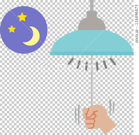 A hand pulling the cord of a pendant light to turn it off at night A hand pulling the cord of a pendant light to turn it off at night 116896873