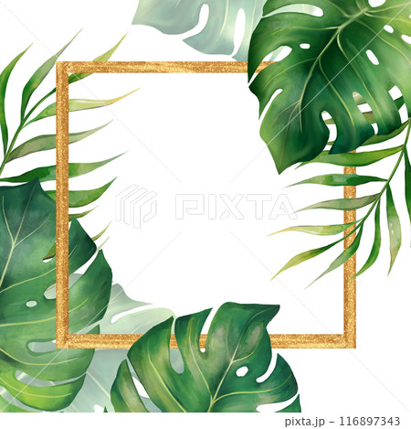 Golden square frame with green tropical palm and monstera leaves illustration. Elegant element for wedding design, greeting cards and crafting, place for text 116897343