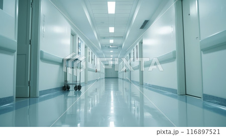 Modern hospital corridor with polished floors and bright, clean lighting. Healthcare facility with organized, sterile environment. Medical background. 116897521