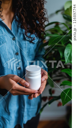 Female with curly hair holding a white medicine bottle in front of green plants. Natural health and wellness concept. 116897744